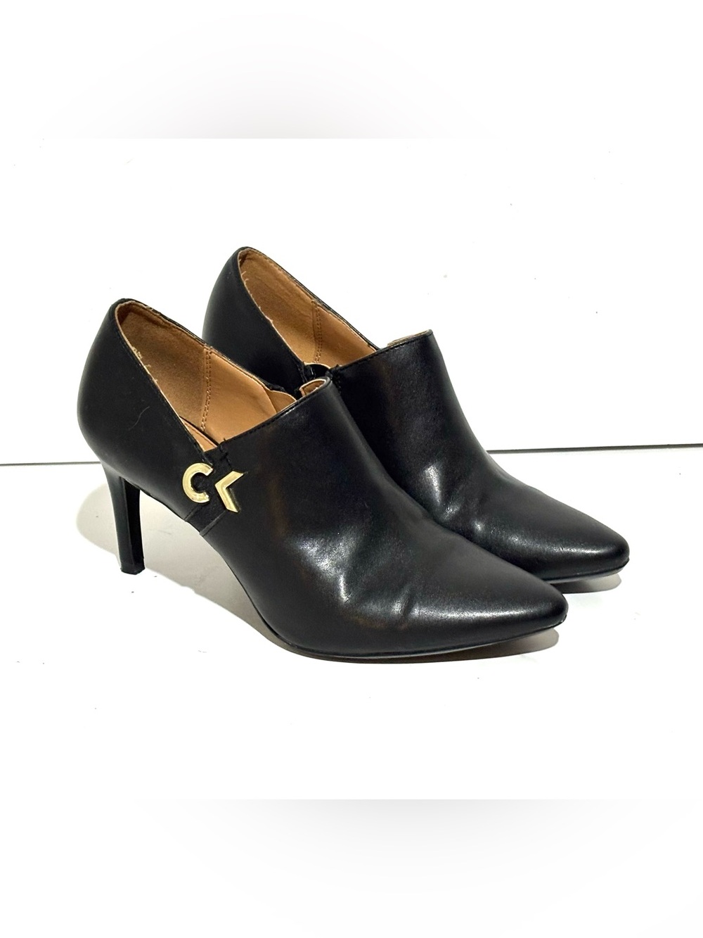 Calvin Klein Boots Womens 7 Black Leather Ankle Bootie Heels Pointed Toe